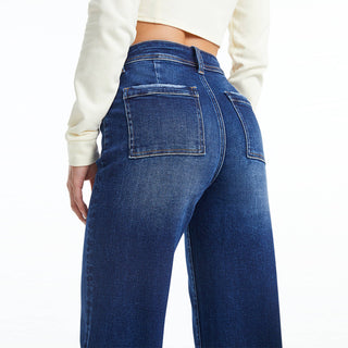 High Rise Wide Leg Denim Jeans With Raw Hem