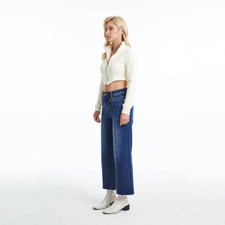 High Rise Wide Leg Denim Jeans With Raw Hem