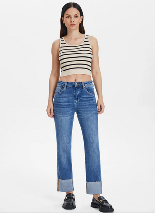 High Rise Rolled Hem Straight Jeans