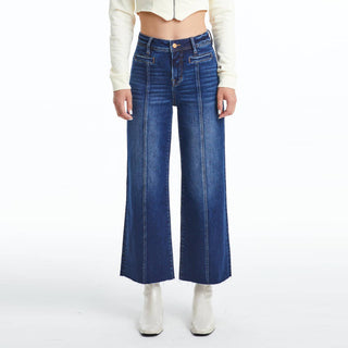 High Rise Wide Leg Denim Jeans With Raw Hem