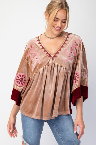 Mine All Mine Embroidered Velvet Babydoll Top