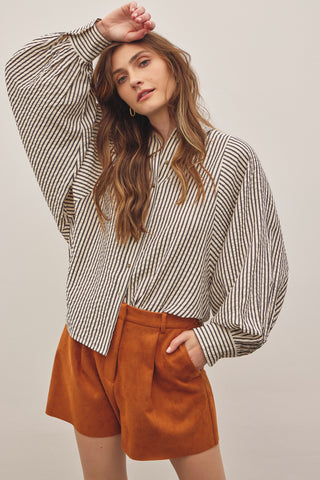 Balloon Sleeve Button Down Stripe Shirt